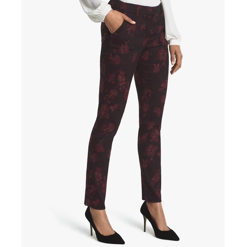 White House Black Market WHBM Rose-Print Jacquard Slim Ankle Pants Size OO Short